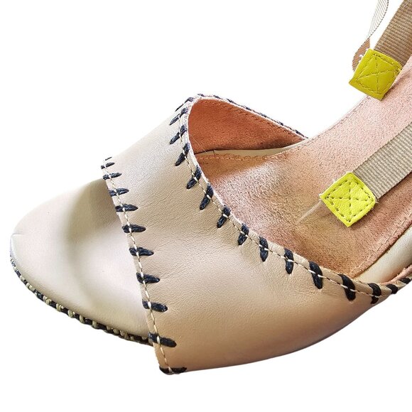 Tan Woven Wedge Heels With Ankle Tie Strap & Black Stitch Detail Womens Size 8.5 - Picture 6 of 15